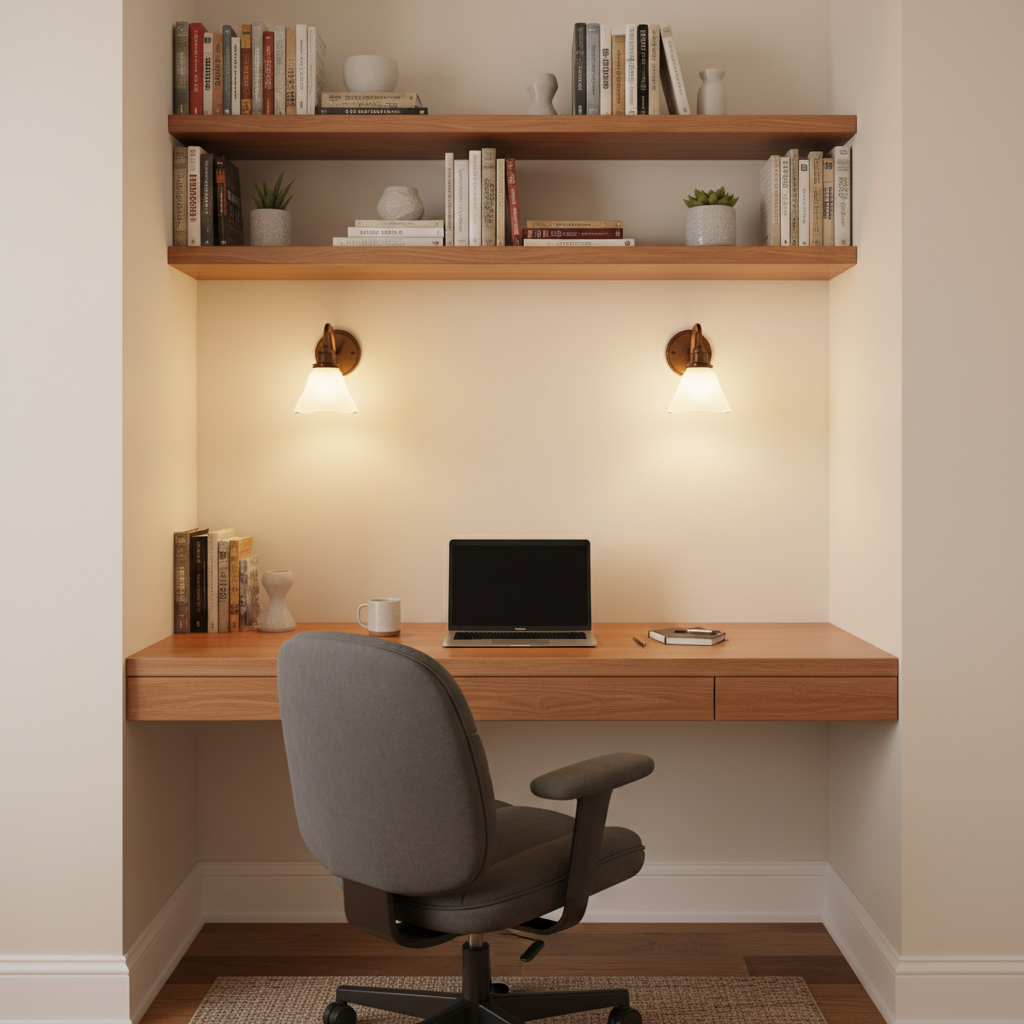A custom-fitted alcove study corner with floating desk, integrated shelving, and warm lighting for a private, focused retreat.