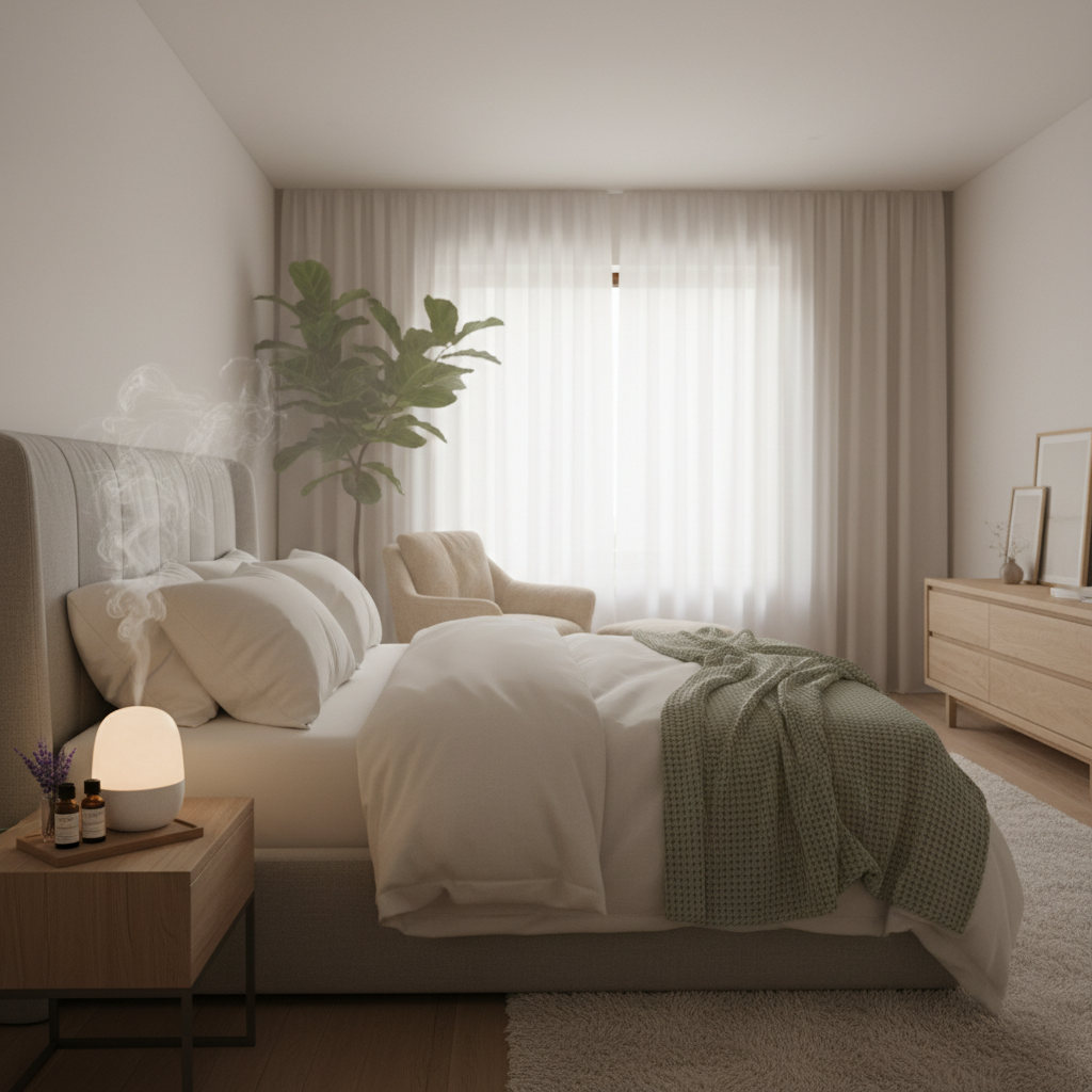 A bedroom with an essential oil diffuser and calming scents.