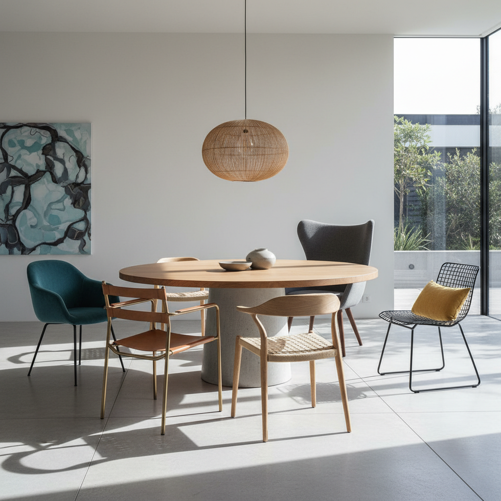 Collection of modern dining chairs in various styles, colors and materials around table