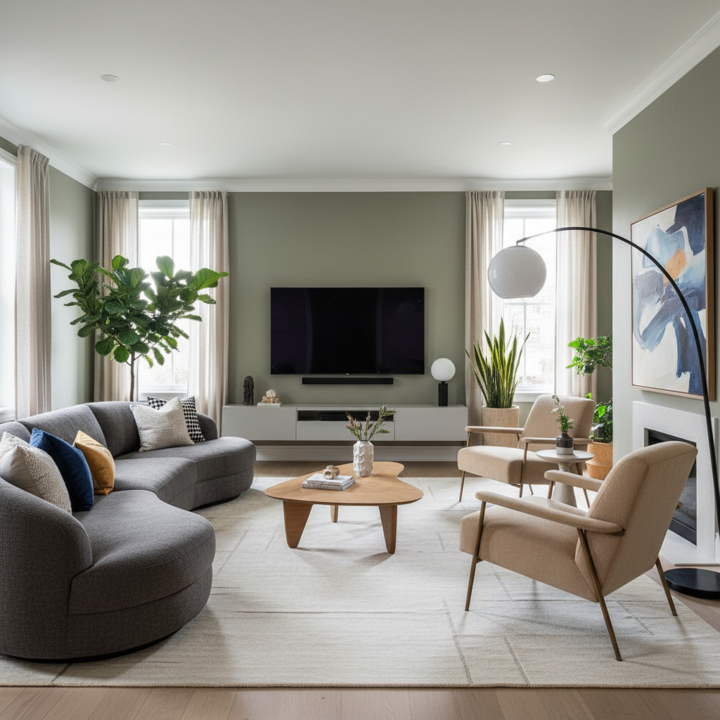 Asymmetrical living room layout with sofa balanced by chairs and a floor lamp.