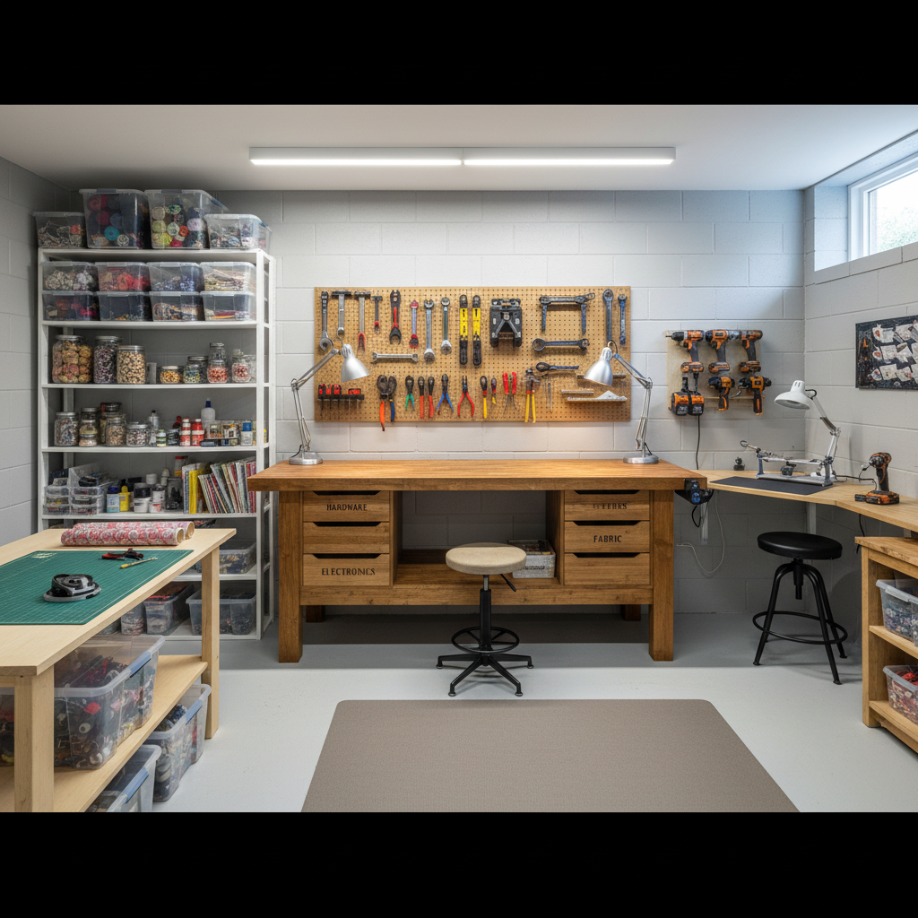Organized hobby and workshop area with workbench and craft supplies.