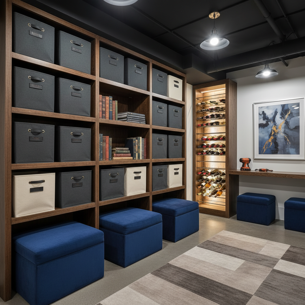 Stylish storage area with built-in shelving and ottoman seating.