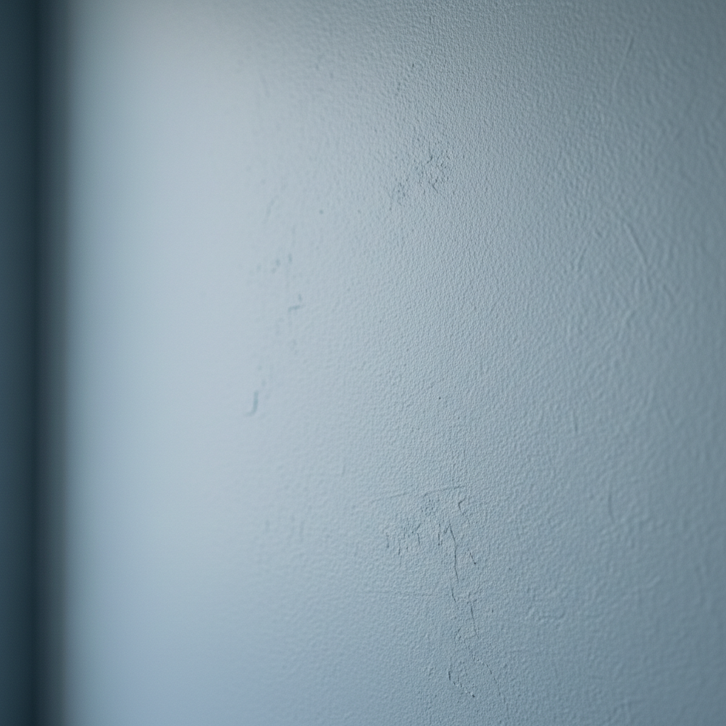 Close-up of a soft, muted blue bedroom wall with visible paint texture, adding depth and dimension to modern interior design.