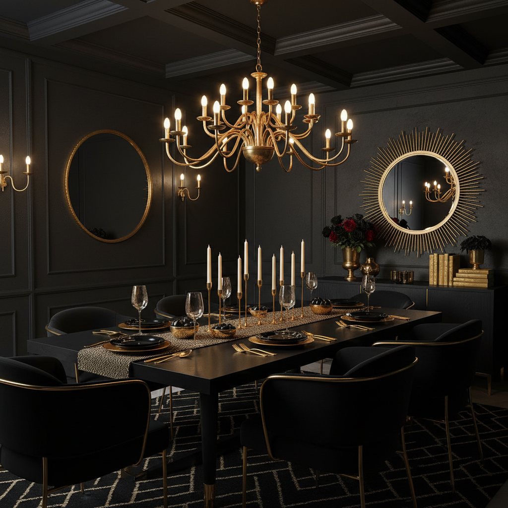 Black dining room featuring luxurious gold chandelier and warm metallic tableware accents