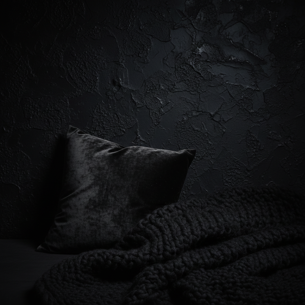 Close-up of various textures in black room including velvet cushion and knitted throw