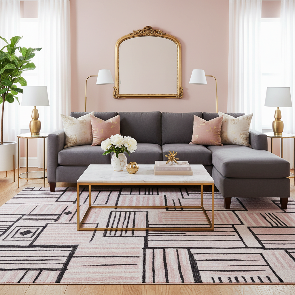 A blush pink velvet pillow on a linen sofa, with a textured throw blanket.