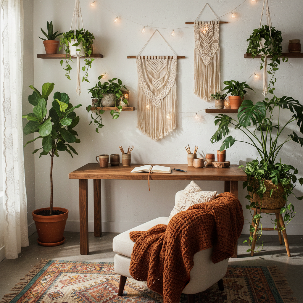 A cozy and eclectic boho study corner with natural wood, lush plants, macrame decor, and warm lighting for a relaxed workspace.