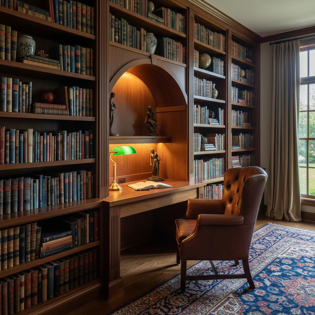 An elegant built-in desk integrated into floor-to-ceiling bookshelves, creating a rich and sophisticated study environment.