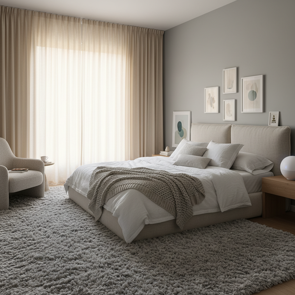 Bright master bedroom with thick sound-dampening curtains, soft rug, and white noise machine for a serene, restful sleep environment.