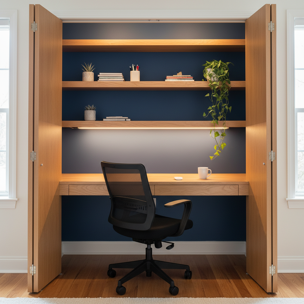 A clever closet conversion into a compact study haven, featuring a built-in desk, shelving, and efficient lighting.
