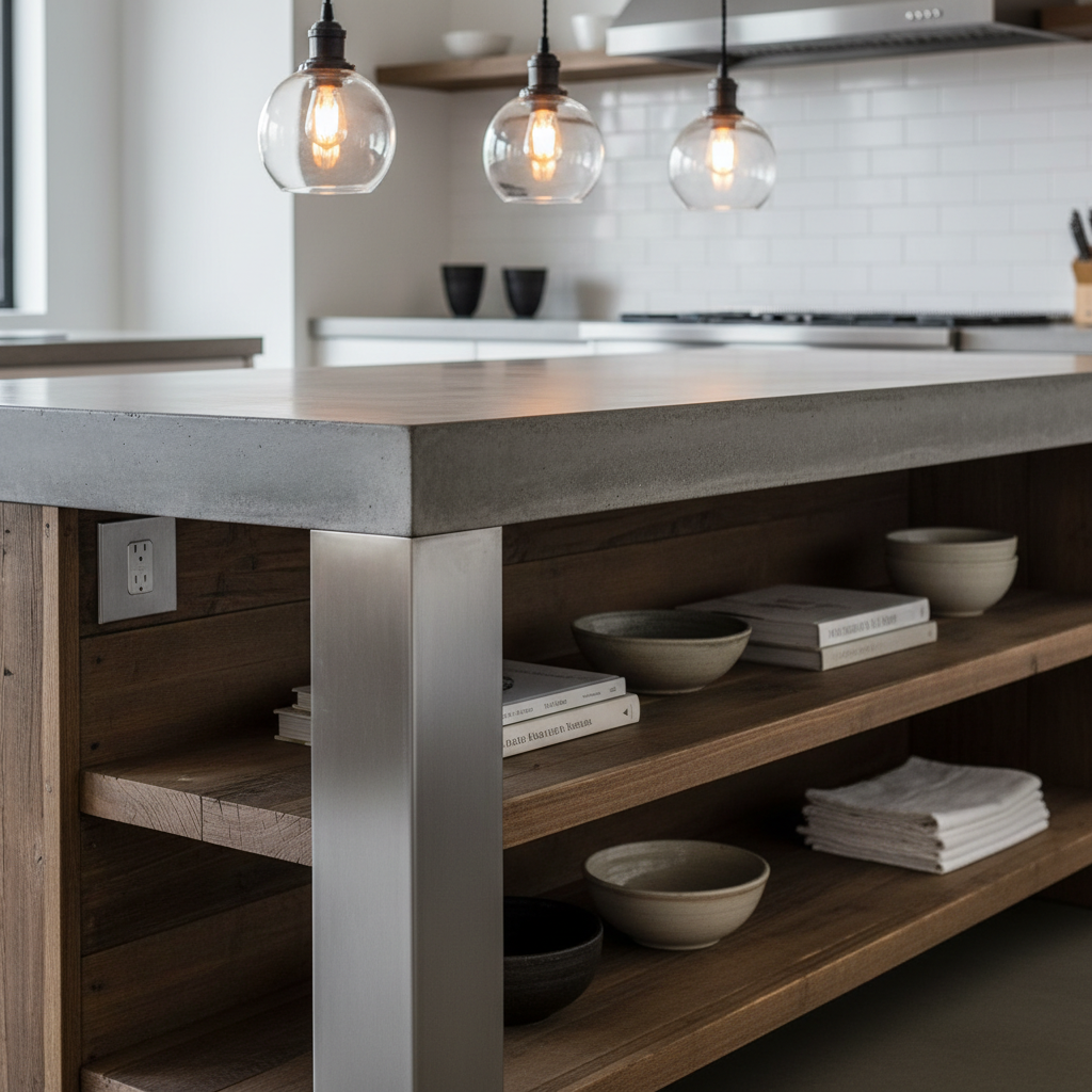 Concrete island with stainless steel legs and exposed bulb pendant lights.