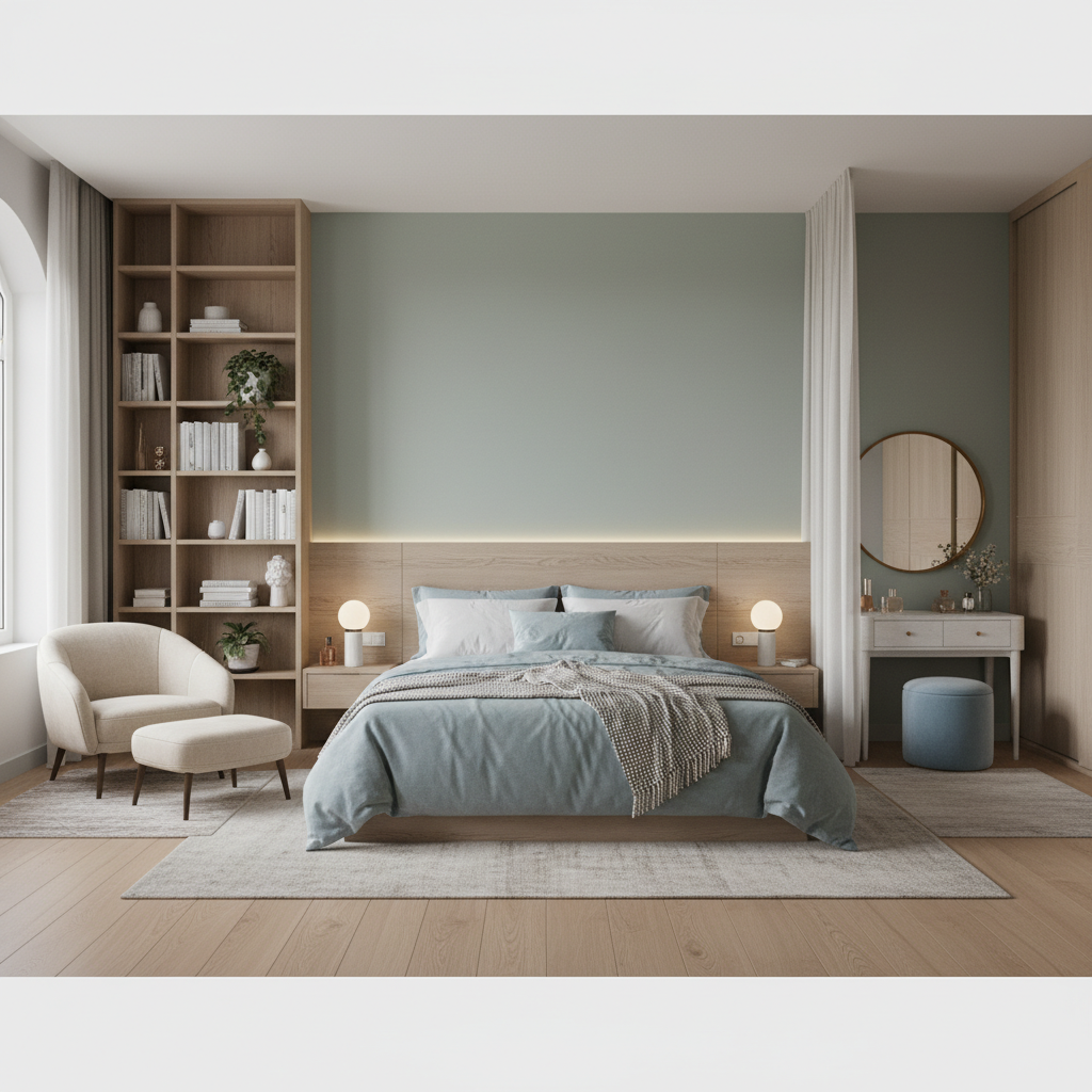 Zoning creates distinct areas for rest, work, and rejuvenation in a bedroom.