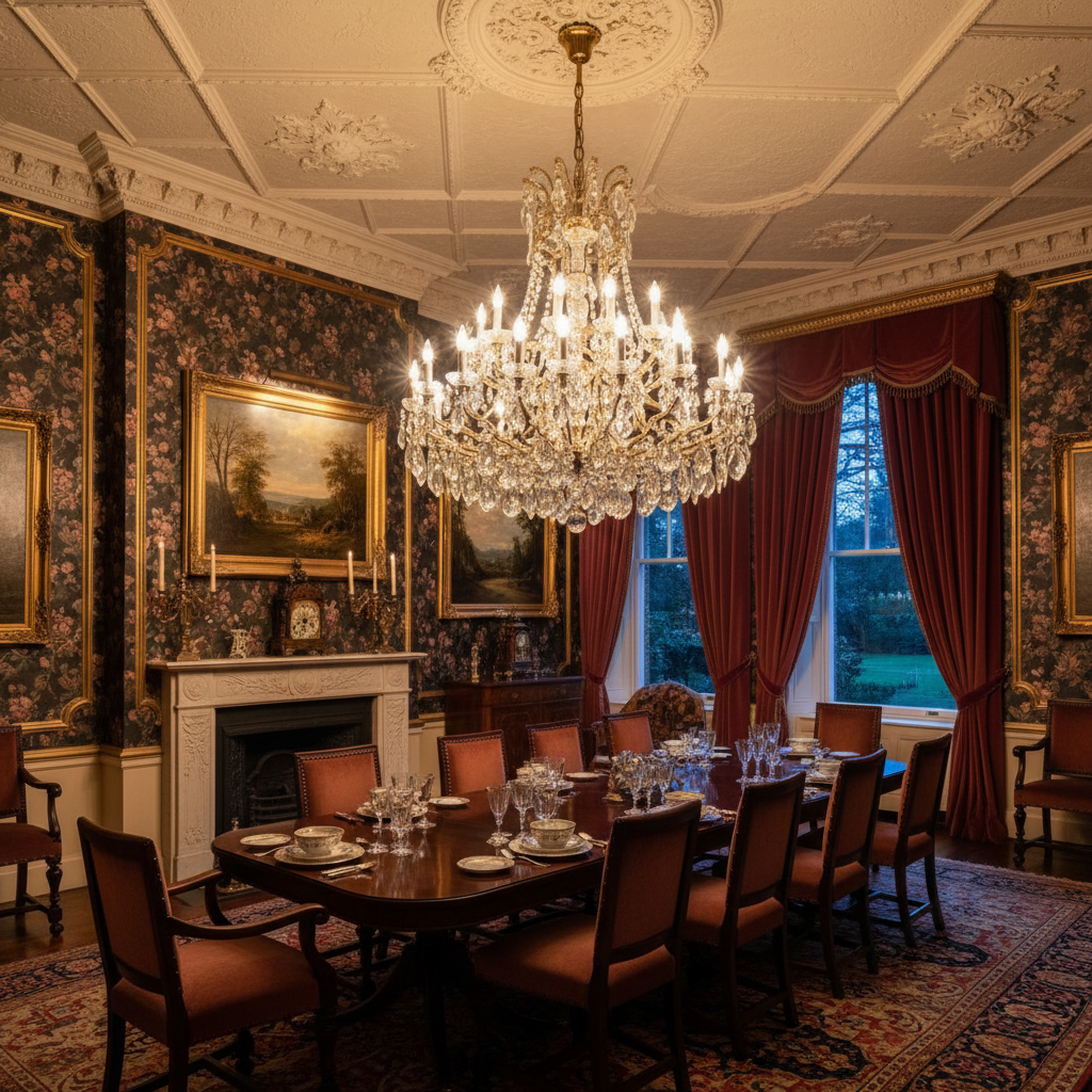 Crystal chandelier in Victorian dining room creating warm ambient lighting