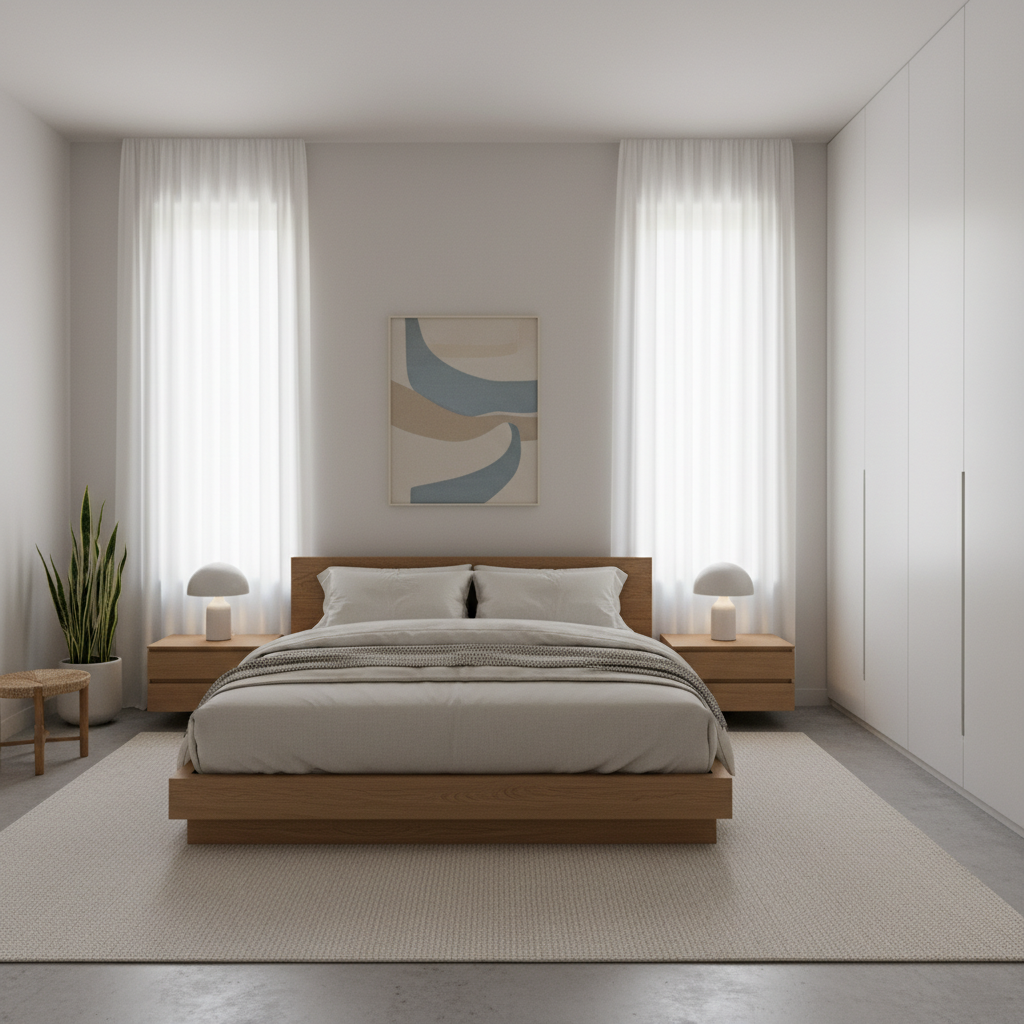 A minimalist bedroom with clean lines and uncluttered surfaces.