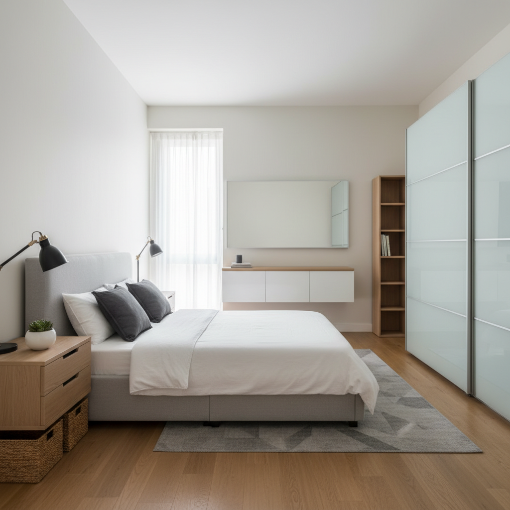 Minimalist organized bedroom with clean surfaces and hidden storage solutions