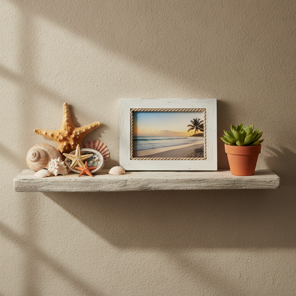 Shelf with seashells, starfish, framed photo, and succulent plant.