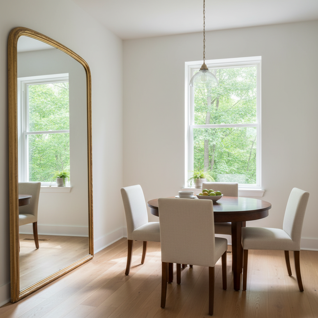 Dining room with large mirror reflecting outdoor view