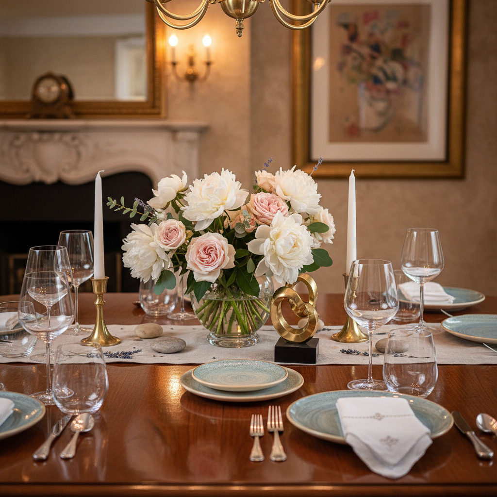 Dining table centerpiece with ceramic vase, fresh flowers, candles and sculptural objects