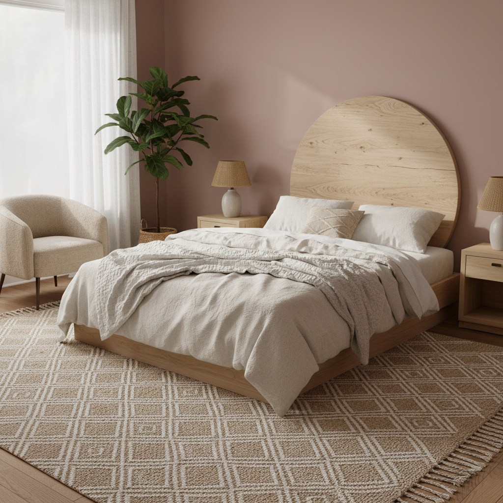 Serene bedroom featuring dusty rose walls and natural wood accents.