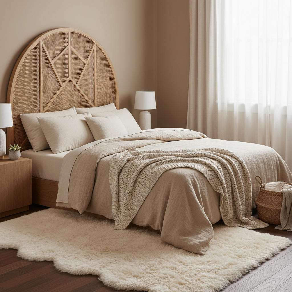 An elevated farmhouse bedroom showcasing a variety of textures like linen, wool, and woven materials