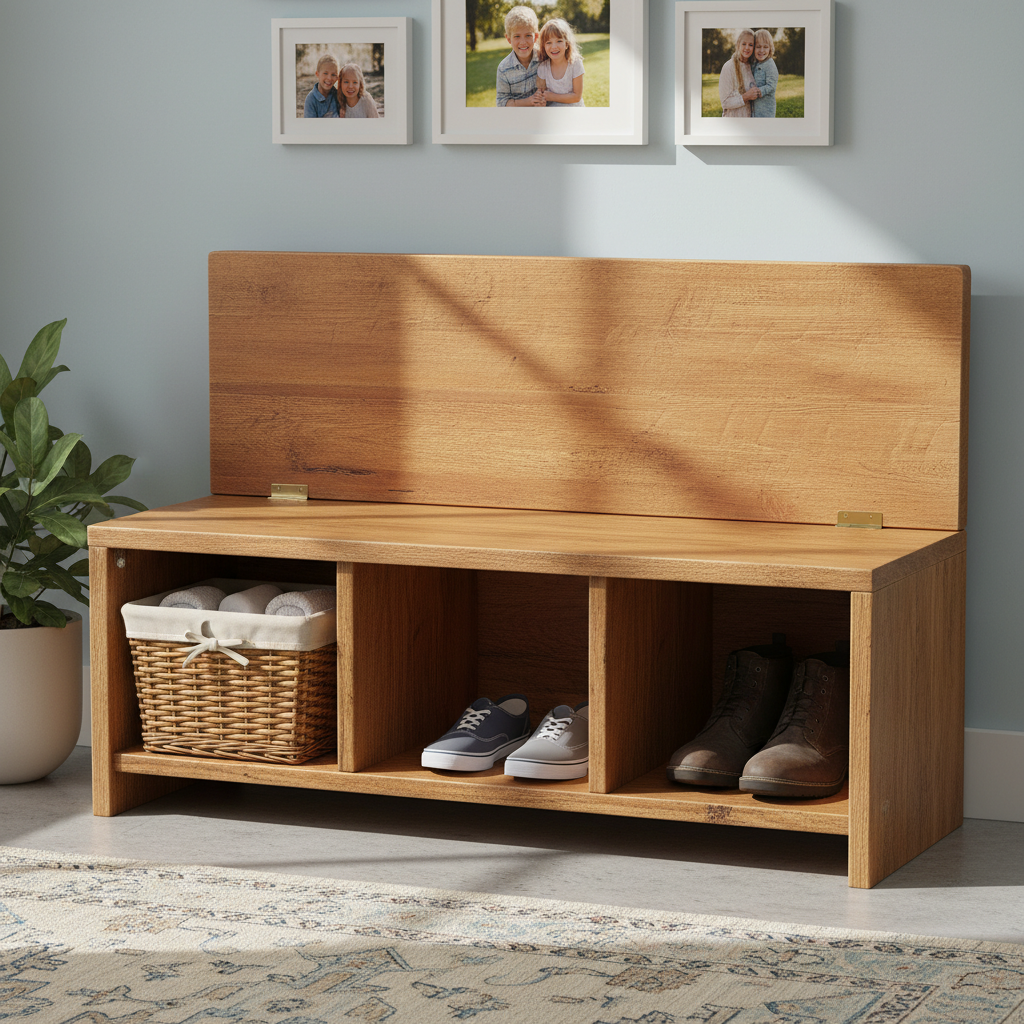 Entryway bench with shoe storage and a hinged top providing hidden storage solutions