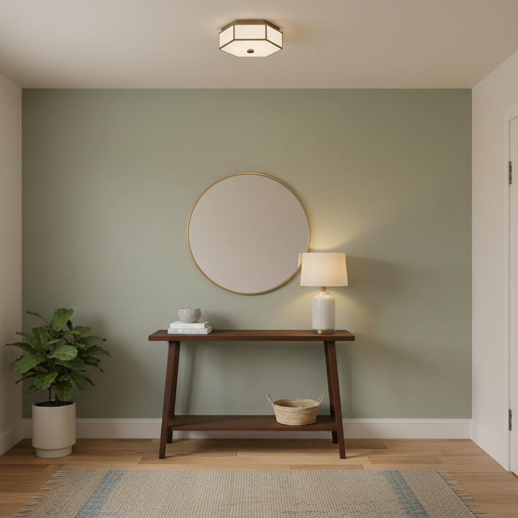 Layered lighting in a small entryway, including a flush mount and a table lamp.