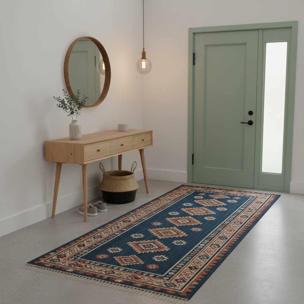 Stylish runner rug defining a compact entryway, adding color and texture.