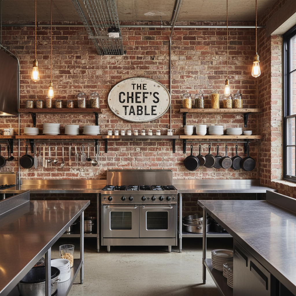 Industrial kitchen featuring exposed brick and reclaimed wood elements.