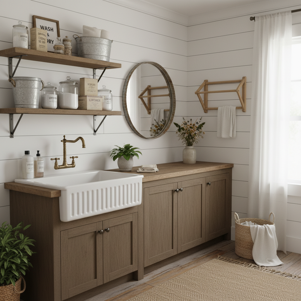 Farmhouse-style laundry room with shiplap walls and vintage decor.