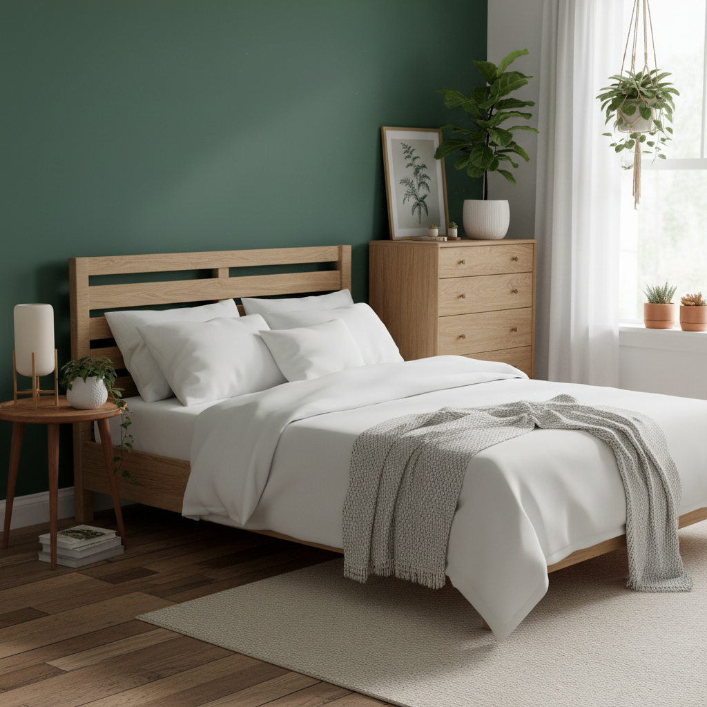 A bedroom with a forest green accent wall and natural wood furniture.