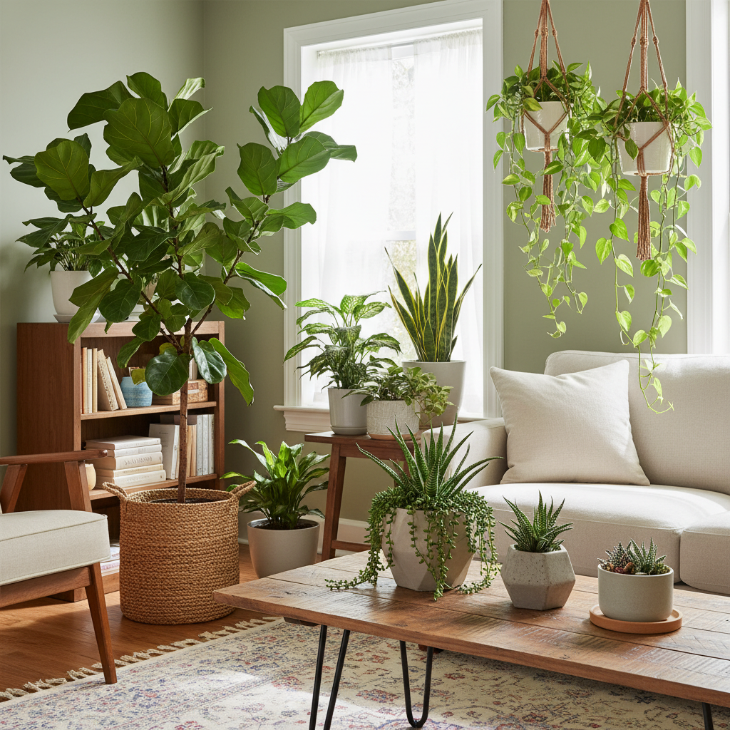 Living room with variety of plants including floor plants, coffee table succulents, and hanging plants