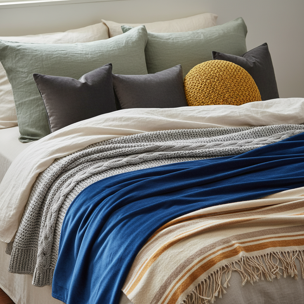 Multiple blanket and pillow textures layered on a bed creating visual interest