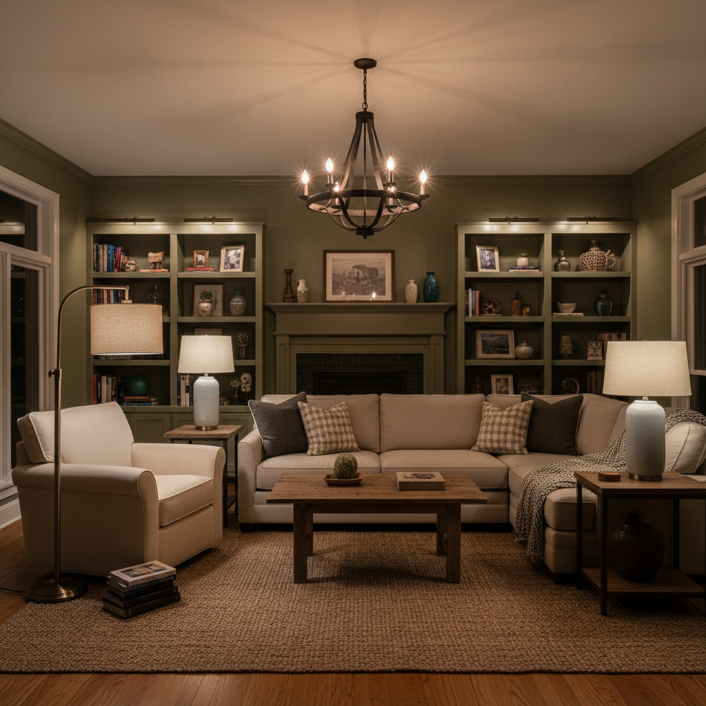 Living room showing layered lighting with chandelier, floor lamp, and table lamps for ambiance
