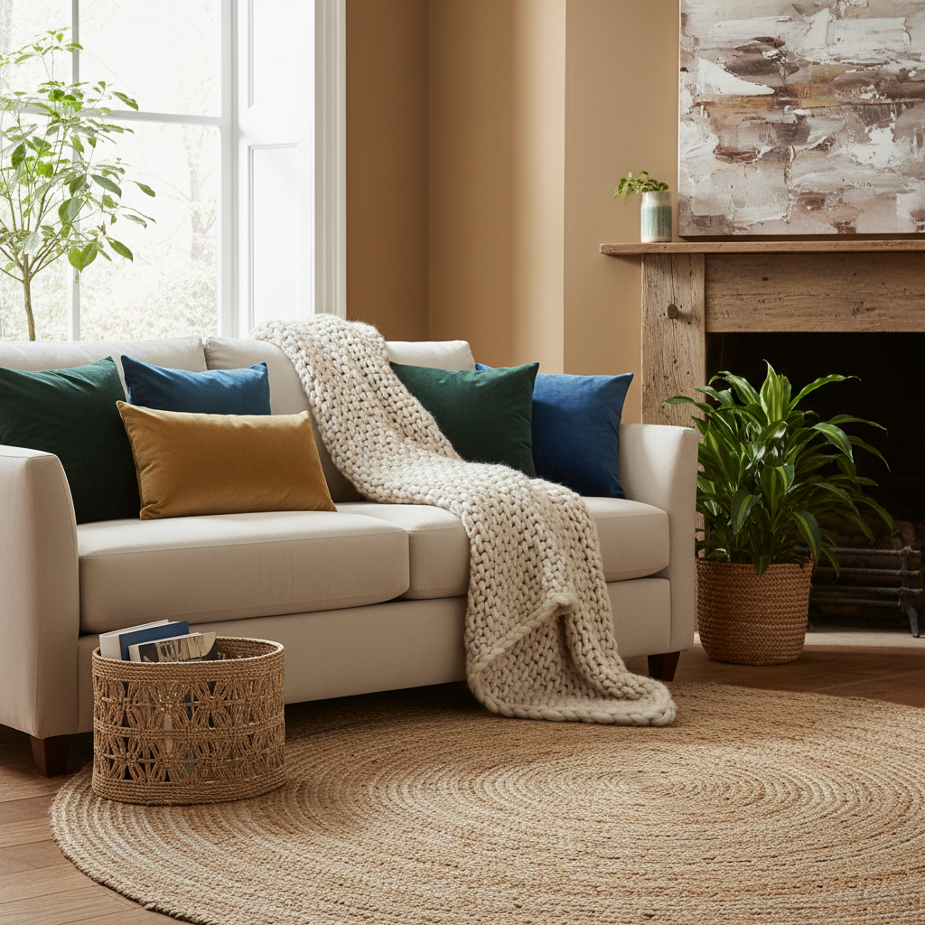 A living room with various textures, including a jute rug and velvet cushions for depth and warmth.