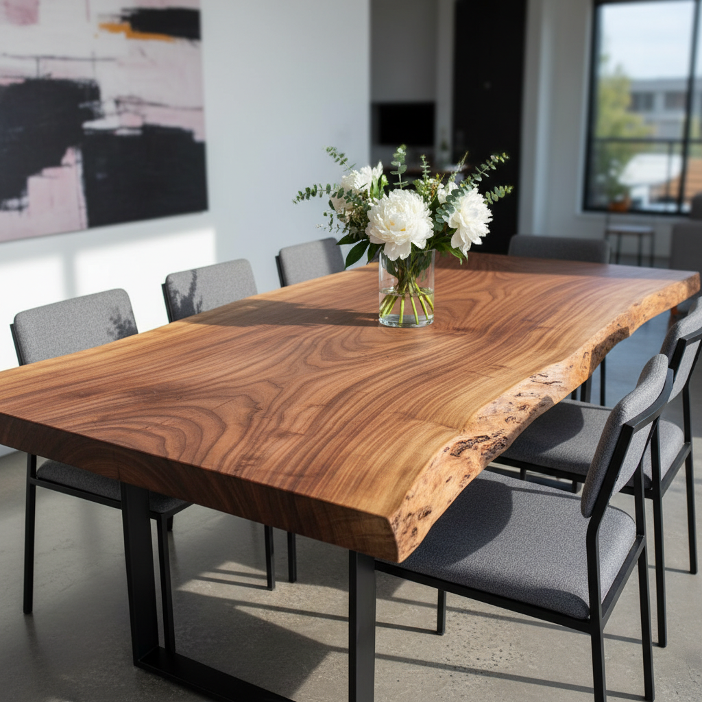 Live edge wooden dining table with natural grain pattern surrounded by modern chairs