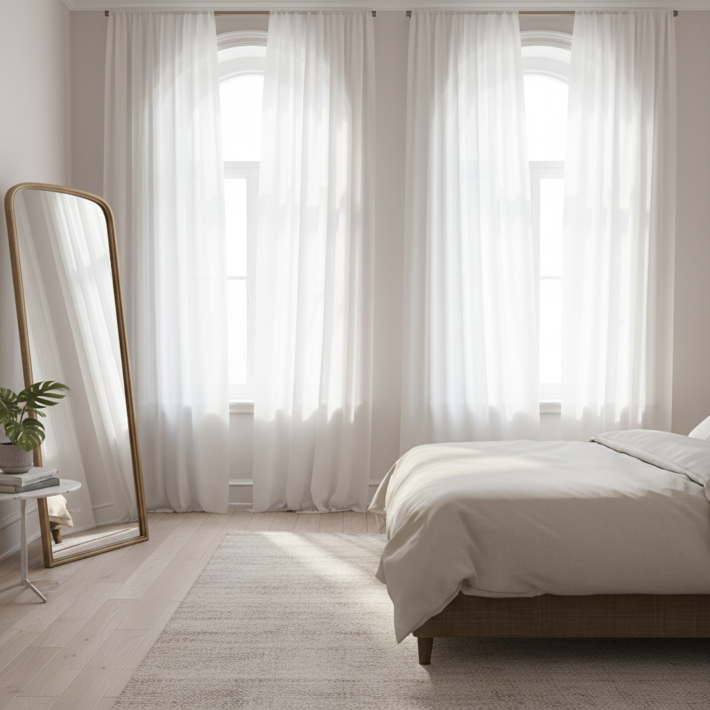 Bedroom with large windows, sheer curtains, and a mirror reflecting light.