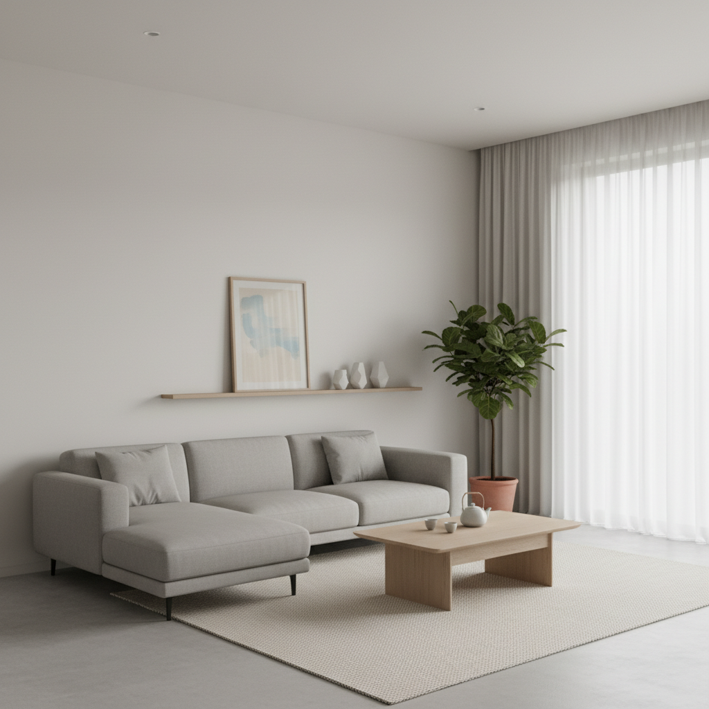 Minimalist living room with minimal clutter and clean lines and serene atmosphere.