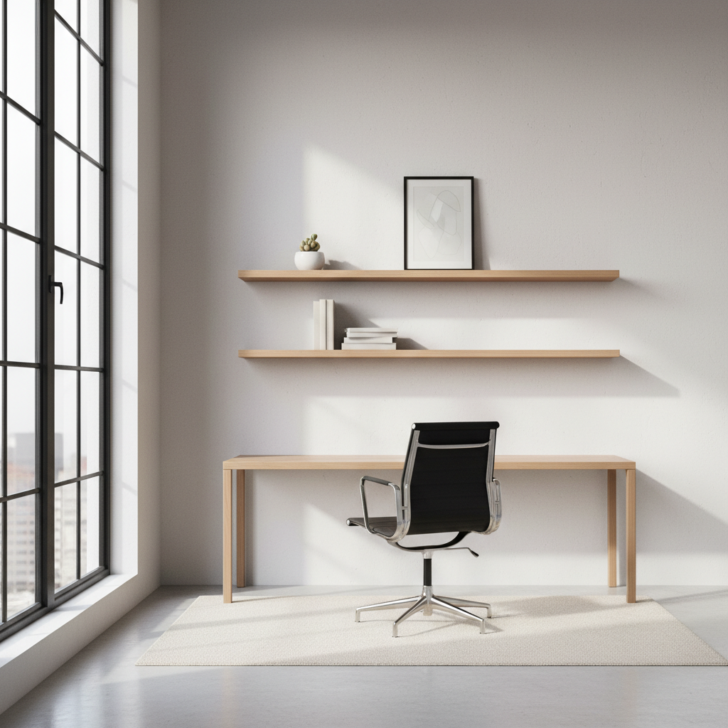 A modern minimalist loft study area with a sleek desk, ergonomic chair, and floating shelves, emphasizing clean lines and functionality.