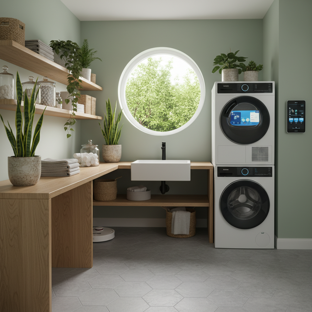 Modern laundry room featuring smart appliances and natural elements.