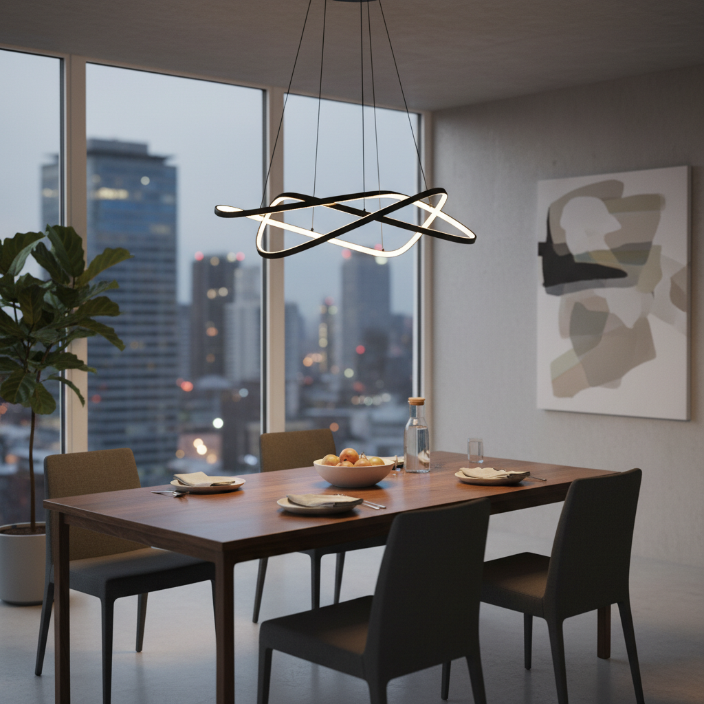 Sleek modern pendant light fixture hanging over dining table with warm atmospheric glow