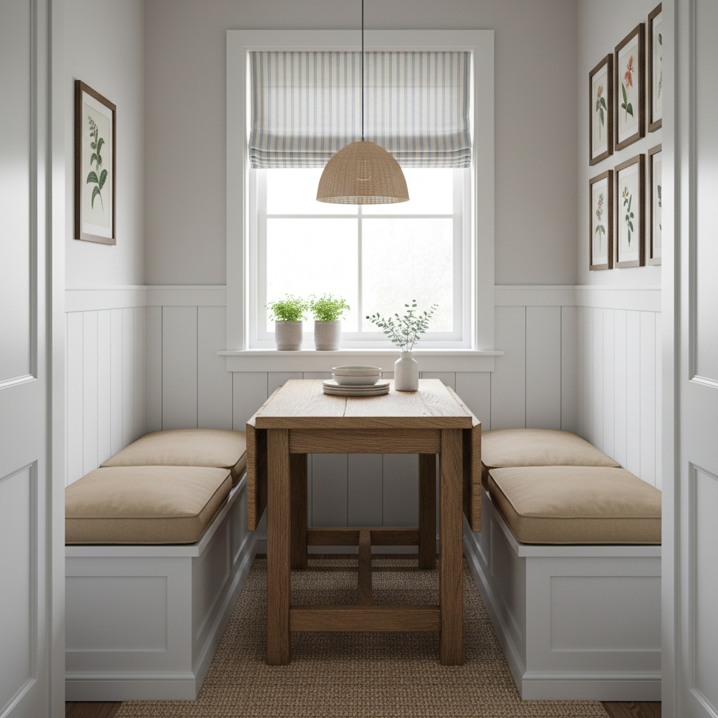 Drop-leaf table and storage benches maximize space