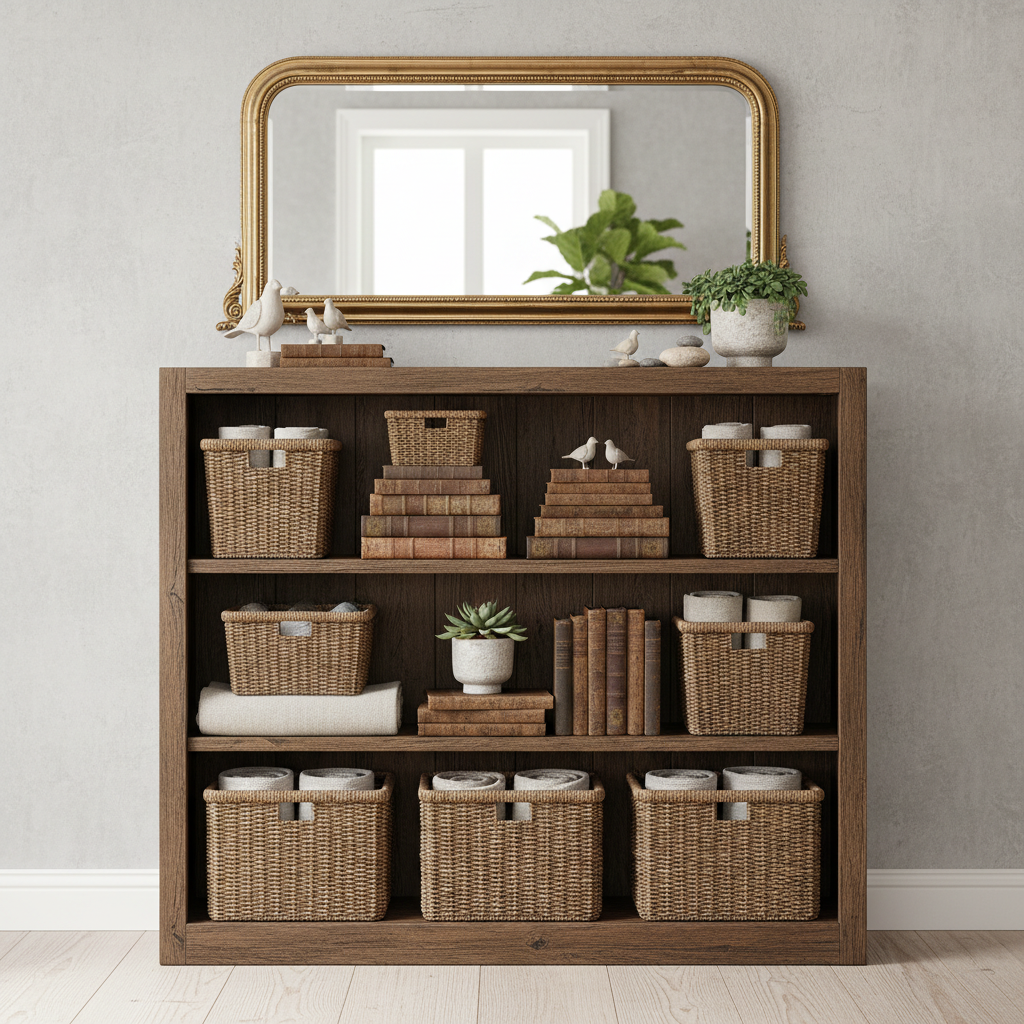 Tall shelving unit provides vertical storage and maximizes space in a narrow entryway