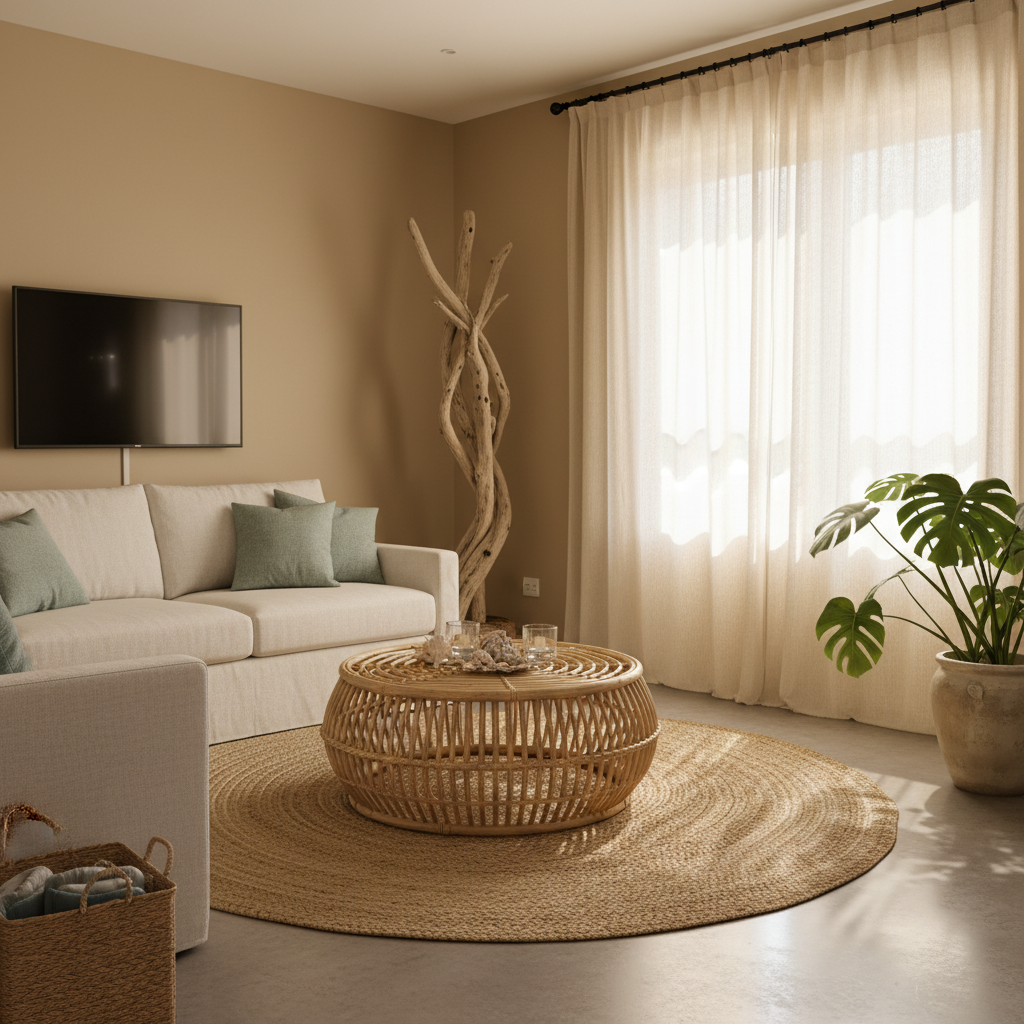 Living room with rattan table, jute rug, linen curtains, and driftwood.