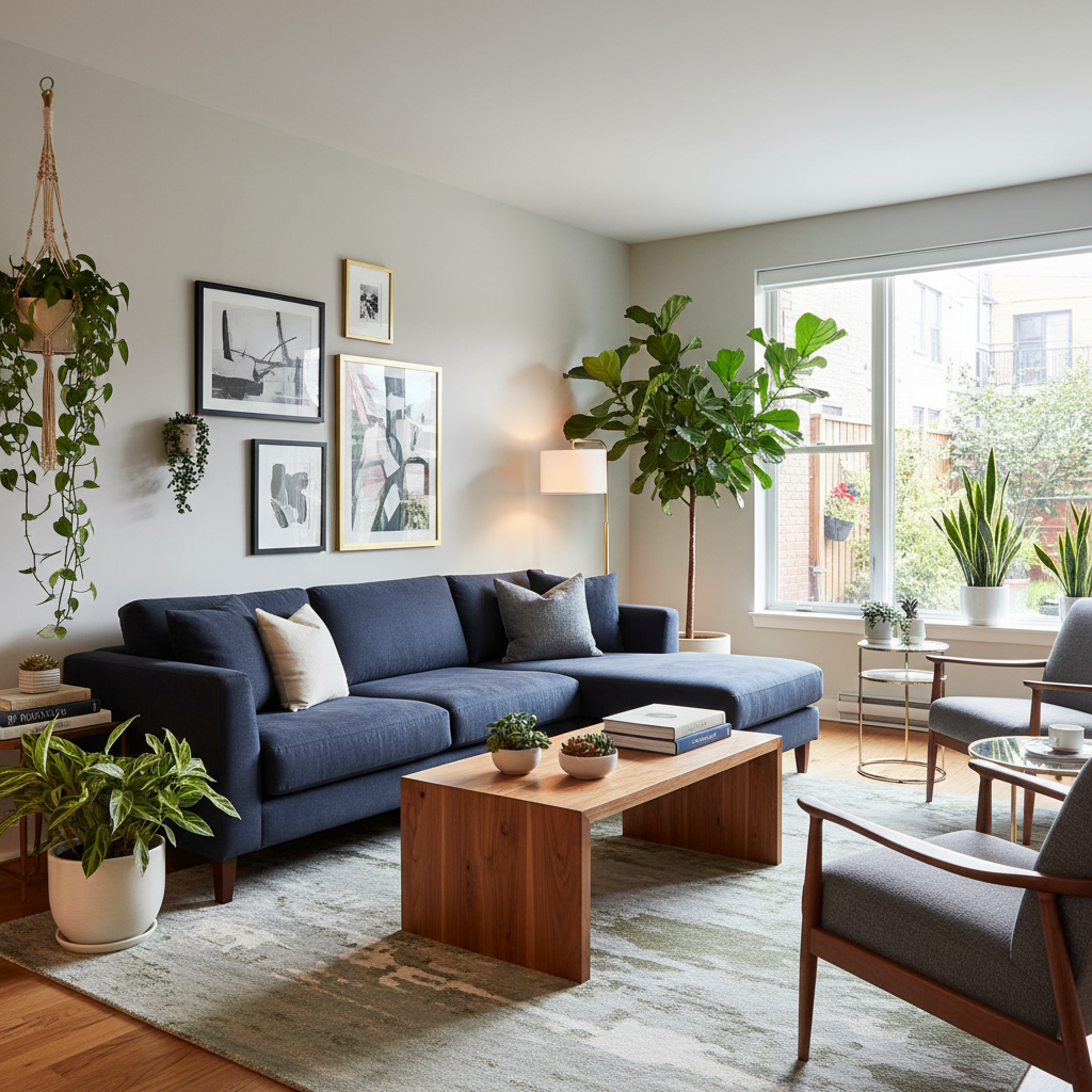 A modern living room with a navy blue sofa and wooden accents.