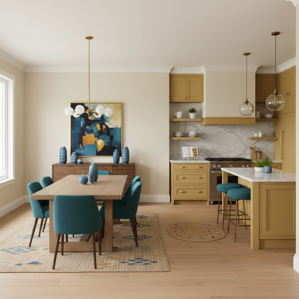 Open concept dining and kitchen with cohesive color palette.