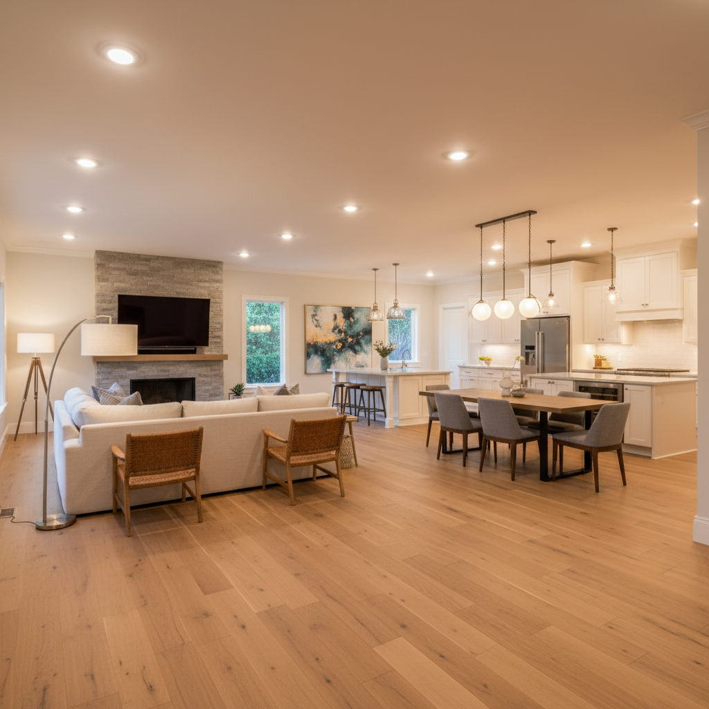 Open concept showing consistent flooring and cohesive lighting.