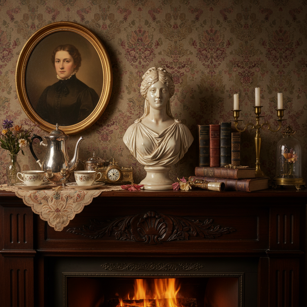 Victorian decorative objects including porcelain dolls and silver tea set arranged as display