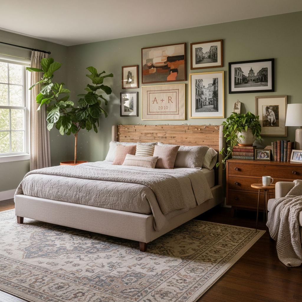 A bedroom with personal touches, including artwork and plants.