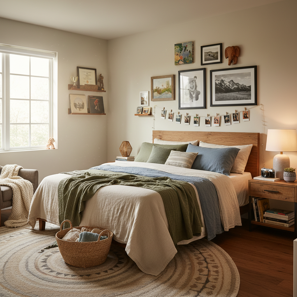 Bedroom decorated with personal photos artwork and meaningful decorative objects