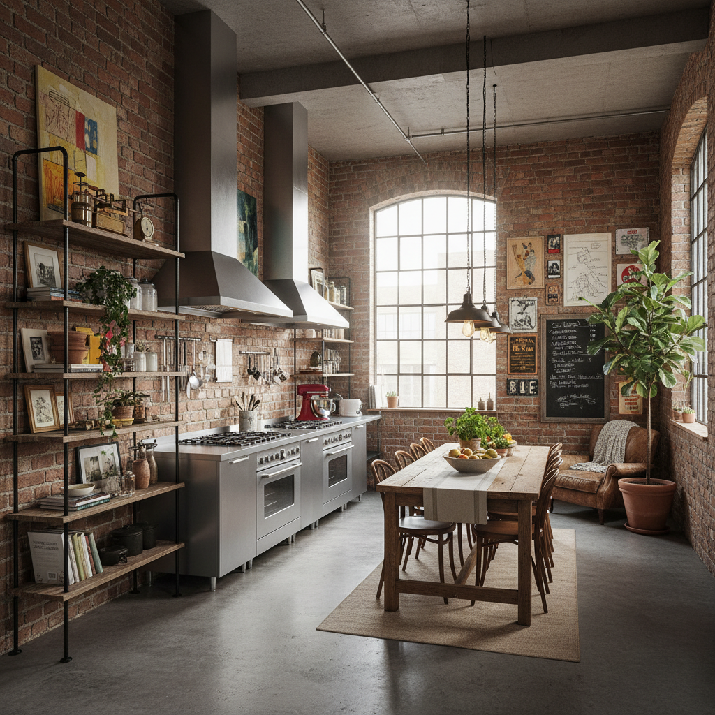 Industrial kitchen personalized with art, plants, and vintage accessories.
